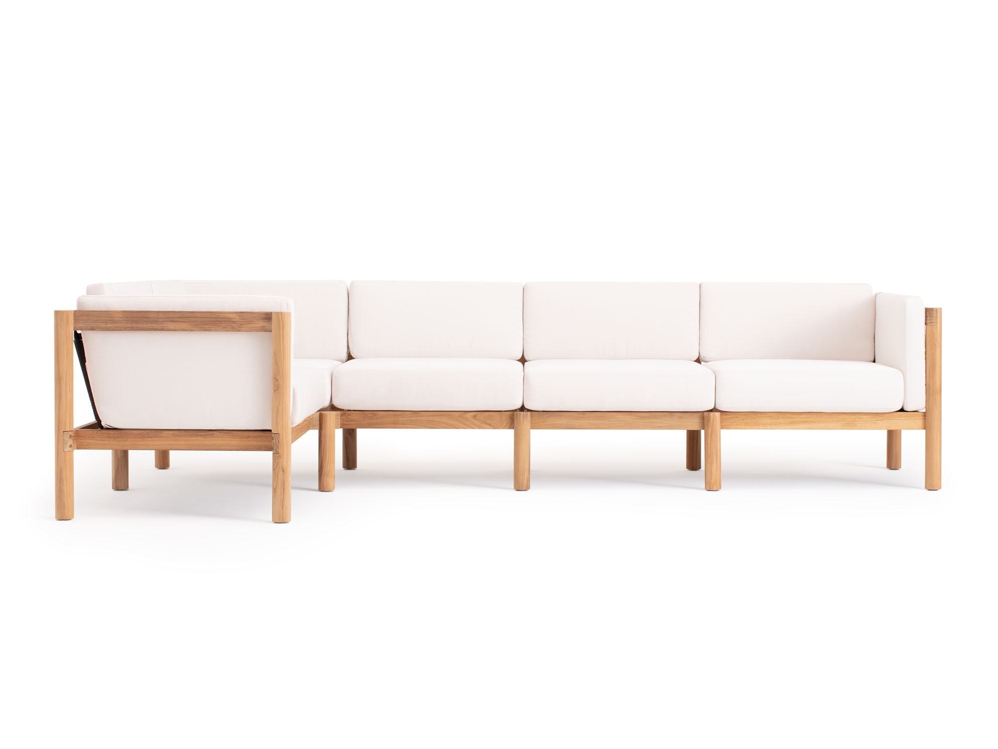 Front view of 5-piece outdoor sofa with white arm cushions